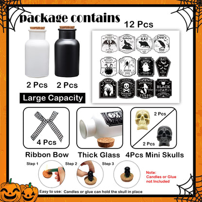 Ainswei Halloween Decorations Indoor, 4 Potion Bottle with Cork, 12PCS Label Halloween Stickers, Black and White Apothecary Glass Bottles, For Tiered Tray Table Home Room Halloween Decor
