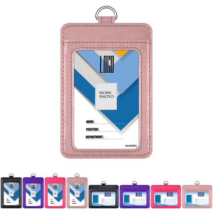 Badge Holder, Wisdompro 2-Sided PU Leather ID Badge Card Holder Wallet Case with 1 Clear ID Window and 1 Credit Card Slot and 22 Inch Quick Rlease Detachable Neck Lanyard Strap-Rose Gold (Vertical)