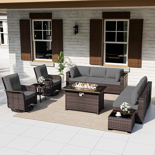 ALAULM 11 Pieces Patio Furniture Set with 2 Swivel Chairs Patio Furniture Outdoor Sectional Sofas with 55000 Gas Fire Pit Patio Conversation Set w/8 Cushions-Grey