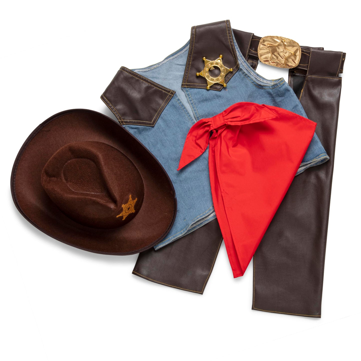 Melissa & Doug Cowboy Role Play Costume Set (5 pcs) - Includes Faux Leather Chaps - Cowboy Dress-Up Role Play Costume with Vest for Boys and Girls