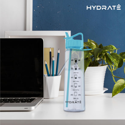 HYDRATE Water Bottles Motivational premium 30oz water bottles with straw - Daily water intake with Time Markings, BPA-Free. Leak proof Ideal for hydration at office, gym (Sky Blue)