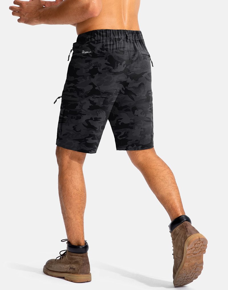 Pudolla Men's Hiking Cargo Shorts 9" Lightweight Outdoor Work Shorts for Men Travel Golf Camping Casual with 5 Zipper Pockets(Black Camo X-Large)