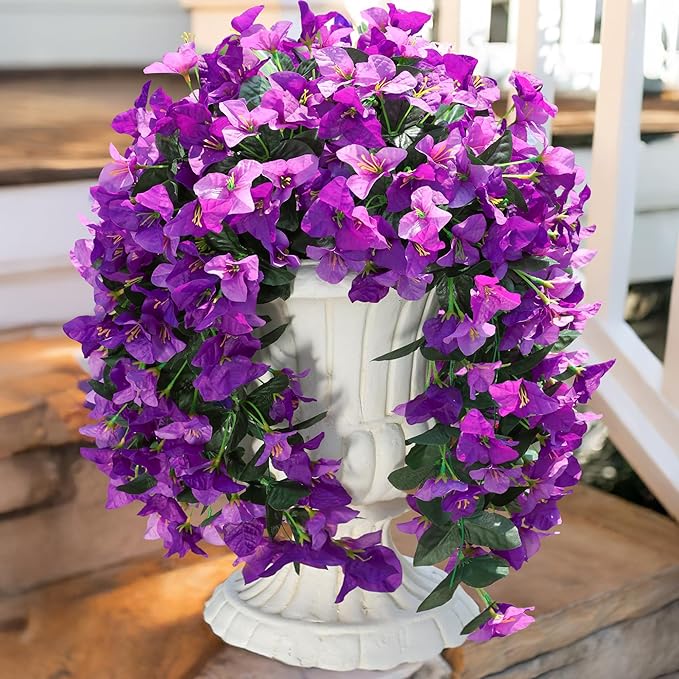 HyeFlora Bougainvillea Artificial Hanging Flowers Plants for Outdoors Decoration, 2pcs Fake Flowers Silk Bougainvillea Vines Realistic UV Resistant Faux Flowers for Outdoor Planters Porch Patio, Mix