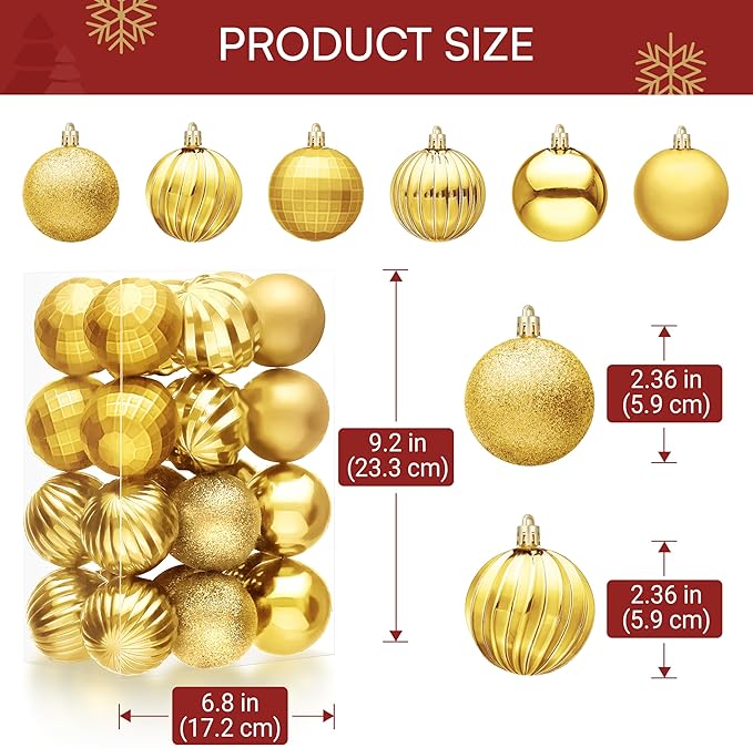 JOIEDOMI 24 Pcs Gold Shatterproof Christmas Balls Ornaments, 2.36" Christmas Tree Decoration Ornaments Set, Xmas Hanging Decorations for Tree Wreath Garland Wedding Indoor Holiday Party Decor