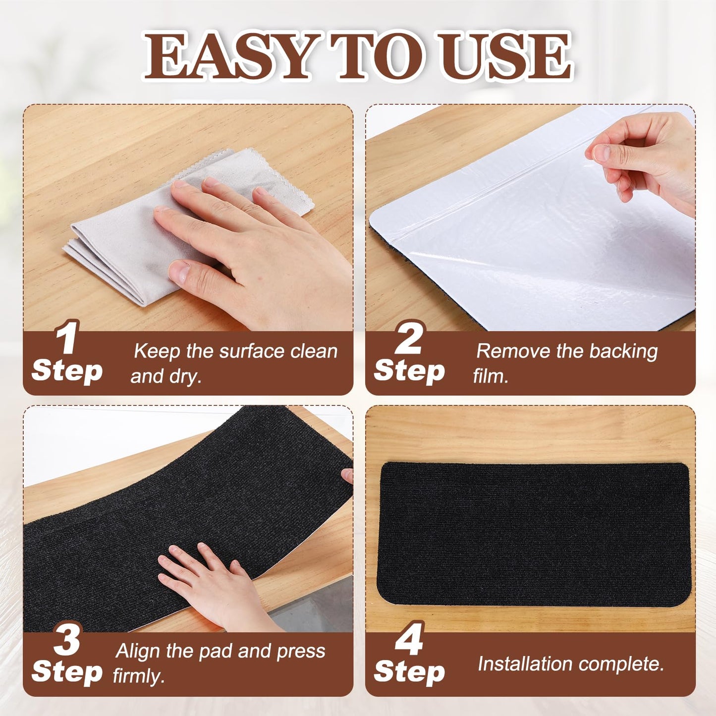 PATIKIL 4 Pack Household Stair Mats, 27.6 x 8.6 Carpet Stair Treads Cuttable Indoor Non-Slip Mat Self-Adhesive Floor Mats for Elders and Pets, Black