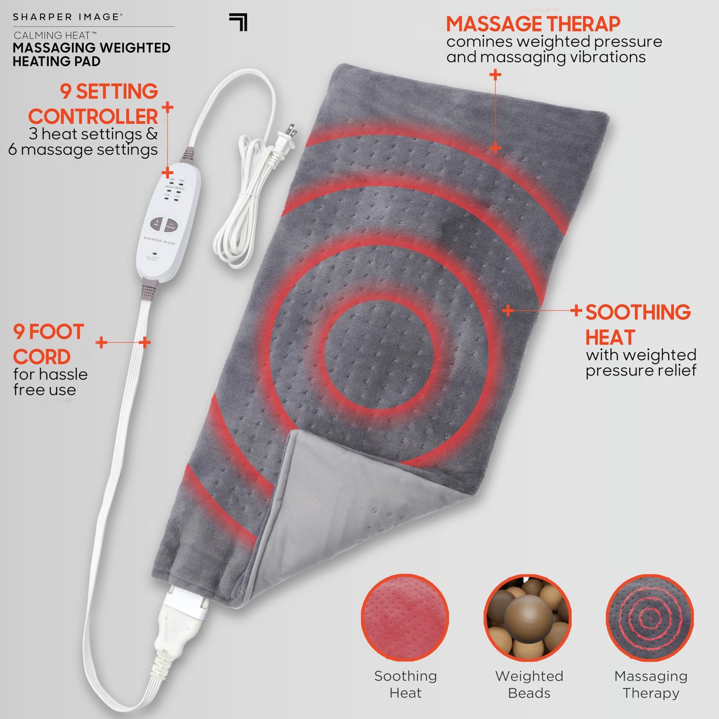 Calming Heat Massaging Weighted Heating Pad by Sharper Image- Electric Heating Pad with Massaging Vibrations, Auto-Off,12 Settings- 3 Heat, 9 Massage- 27 Relaxing Combinations, 12” x 24”, 4lbs