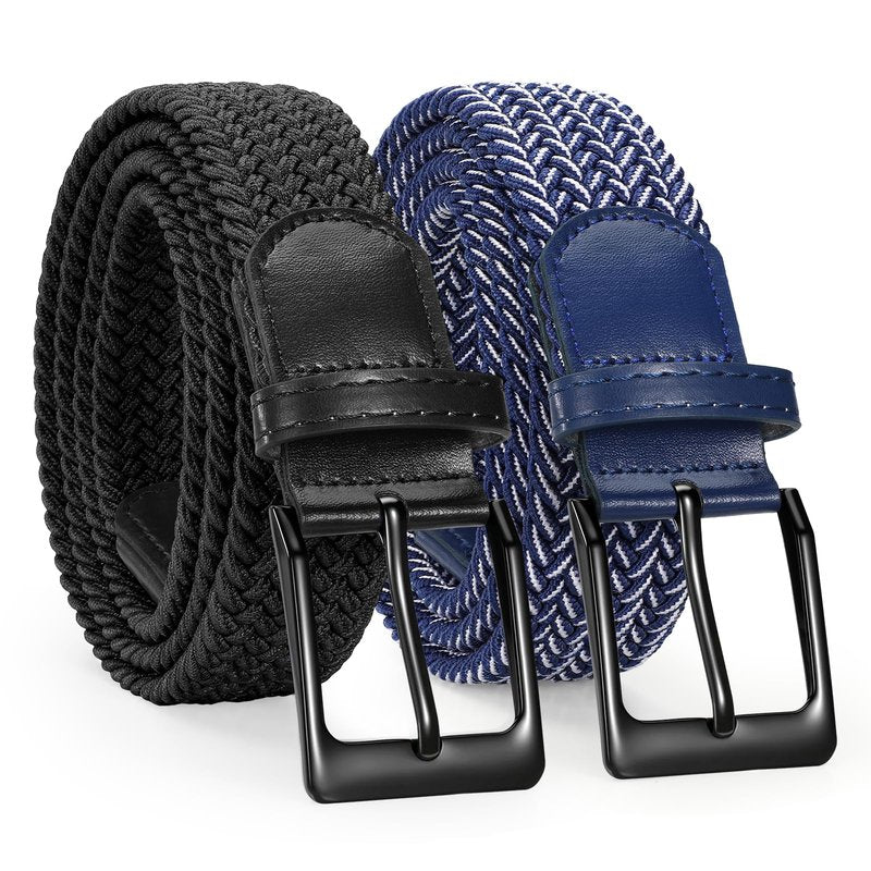 SANSTHS 2 Pack Stretch Braided Elastic Belt for Men, 1 3/8" Elastic Woven Belts Mens Stretch Belt for Casual Golf Jeans, 2 Pack – Blue White & Black