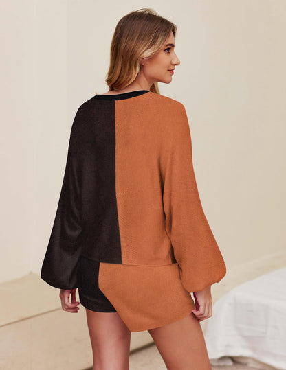 Ekouaer Knit Pajamas Set for Women Lounge Sets 2 Piece Long Sleeve Top and Shorts Pj Soft Sleepwear Cute Sweater Outfits Halloween Orange S