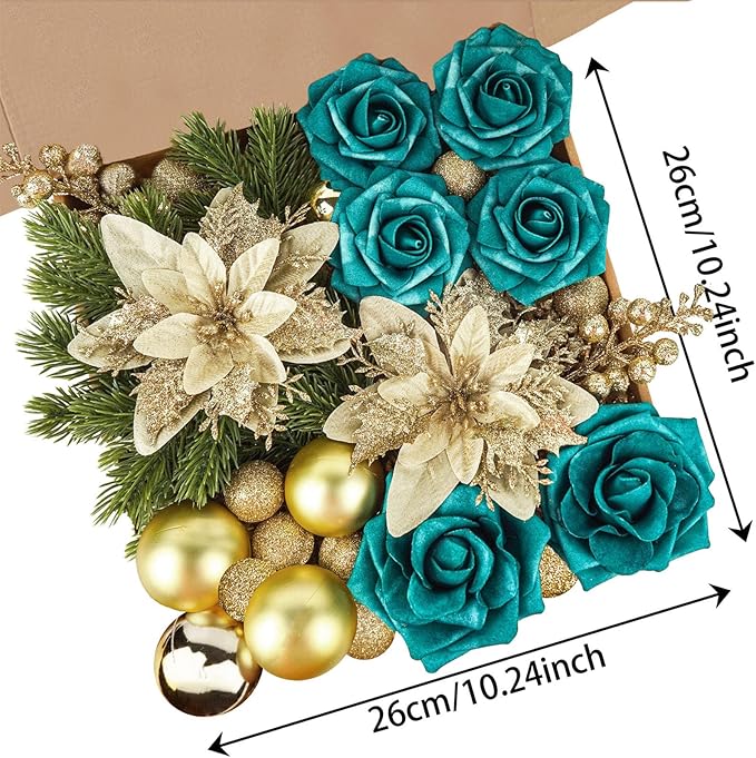 Christmas Flowers Artificial Box Set, Christmas Themed Floral Decorations for DIY Christmas Tree Ornament Wedding Birthday Wreath Decoration (B)