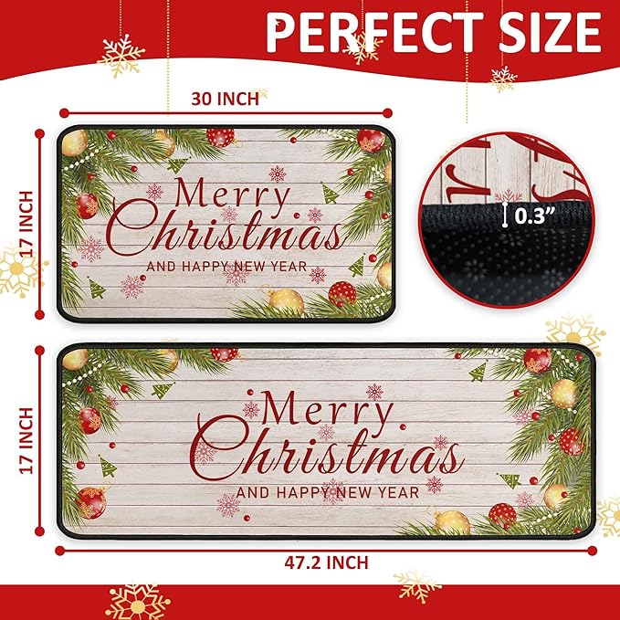 Merry Christmas Kitchen Rugs and Mats Set, Xmas Indoor Floor Mats for Winter, Merry Christmas (17"x47" + 17"x30")