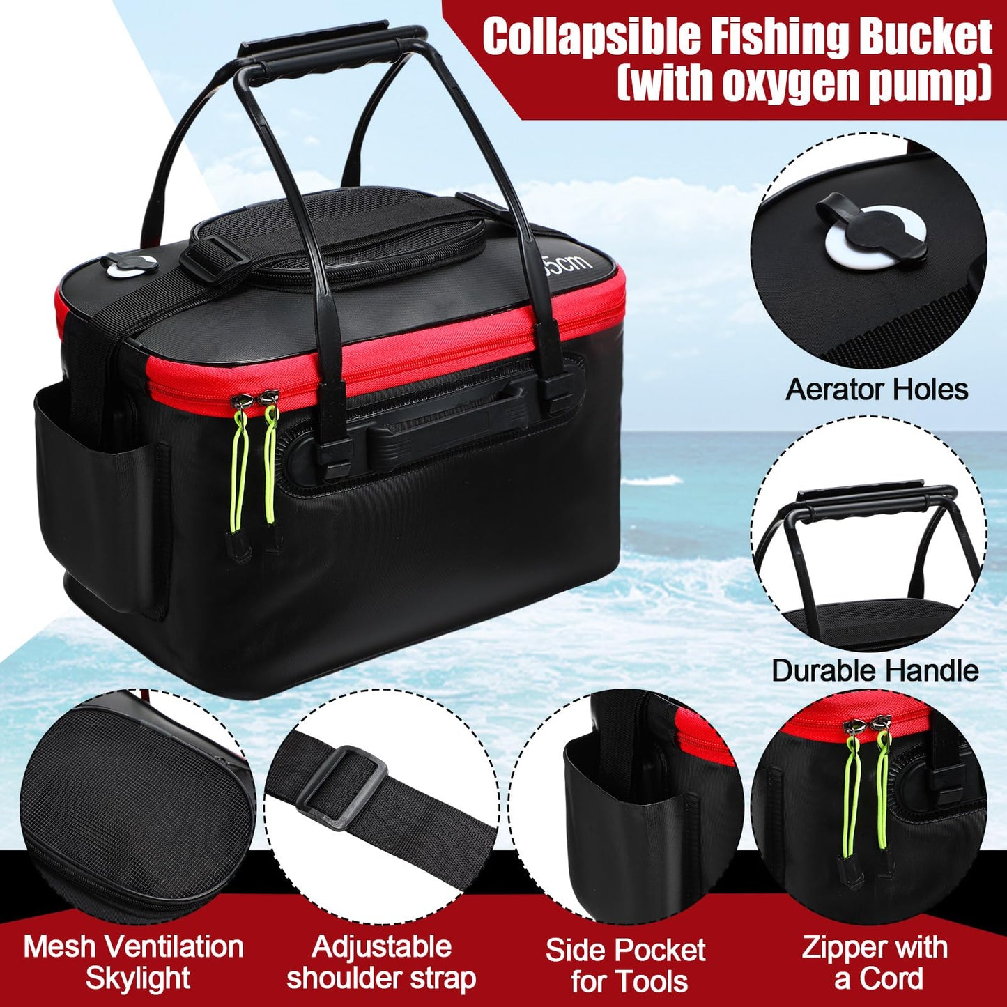 Cosblank 2 Pcs Fishing Bucket and Live Bait Aerator, Foldable Multi Functional Live Bucket Portable Quiet Aerator Outdoor Camping Fishing EVA Bag(Black,4 Gallon)