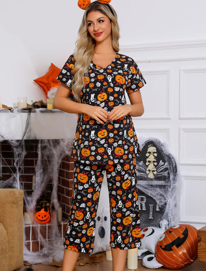 ENJOYNIGHT Womens Pajama Sets Cotton Pj Set Short Sleeve Top With Capri Pants Sleepwear 2 Piece Lounge Set (Small,Black Pumpkin)