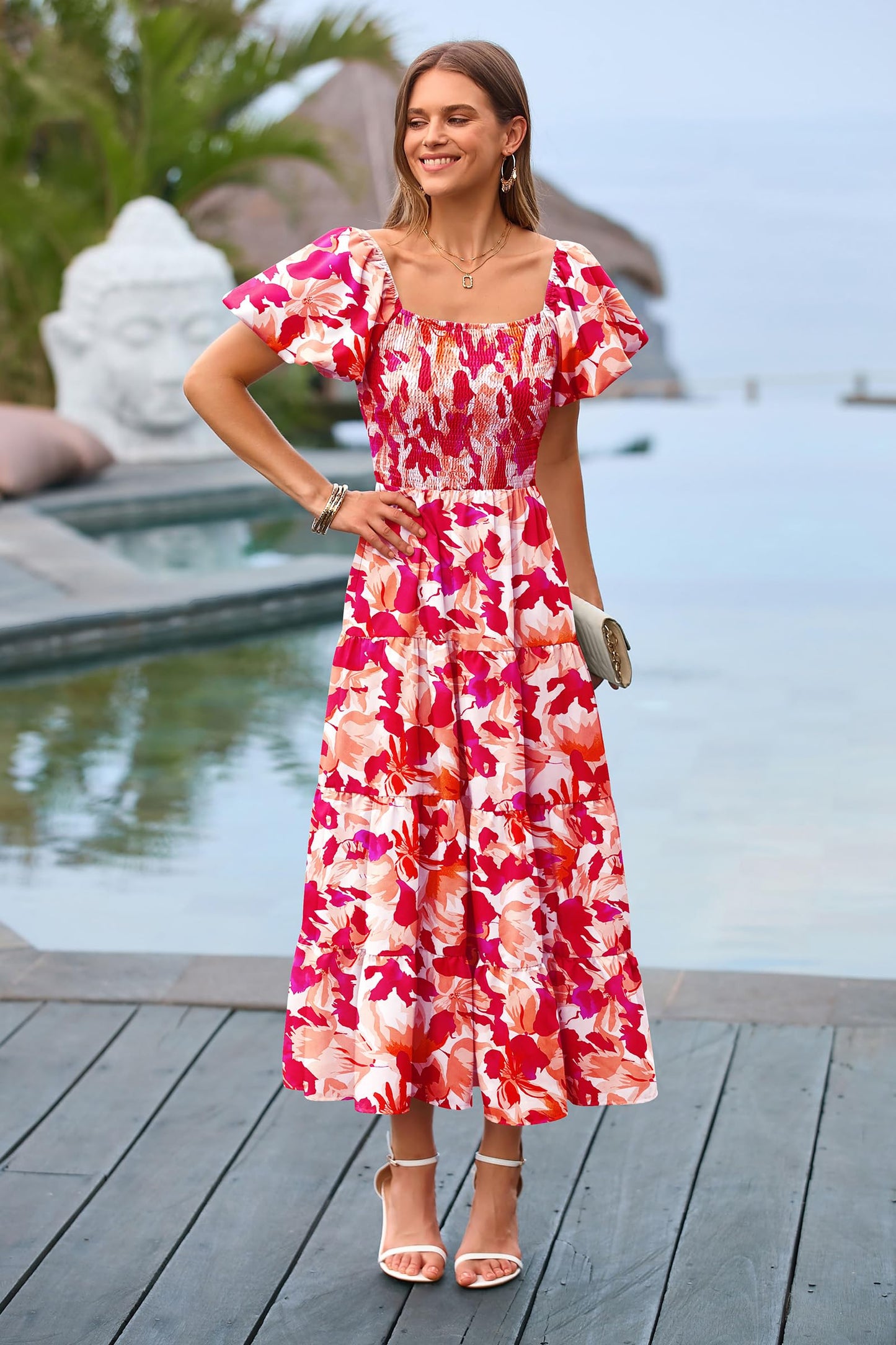 PRETTYGARDEN Women's Casual Summer Midi Dress Puffy Short Sleeve Square Neck Smocked Tiered Ruffle Dresses (Floral Red,Medium)