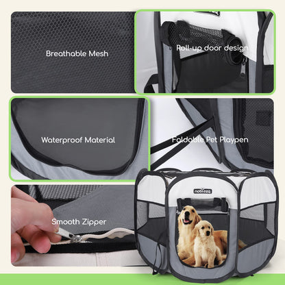 Nobleza Pet Playpen Portable Foldable Dog Cat Puppy Pen for Indoors Outdoor Pop Up Pet Fence Breathable Mesh Pet Carrier Kennel Soft Cage Tent for Rabbit Hamster Guinea Pig Beige Gray,24.4x24.4x17.7in