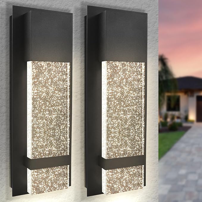 LUXRITE Modern LED Outdoor Wall Light, Seeded Bubble Glass Wall Sconce, 3CCT 3000K 4000K 5000K, 14 Inch, 12W, Black Aluminum, IP65 Waterproof, ETL, Exterior Porch Light, Front Door, Patio (2 Pack)