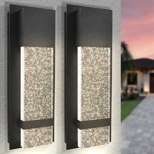 LUXRITE Modern LED Outdoor Wall Light, Seeded Bubble Glass Wall Sconce, 3CCT 3000K 4000K 5000K, 14 Inch, 12W, Black Aluminum, IP65 Waterproof, ETL, Exterior Porch Light, Front Door, Patio (2 Pack)
