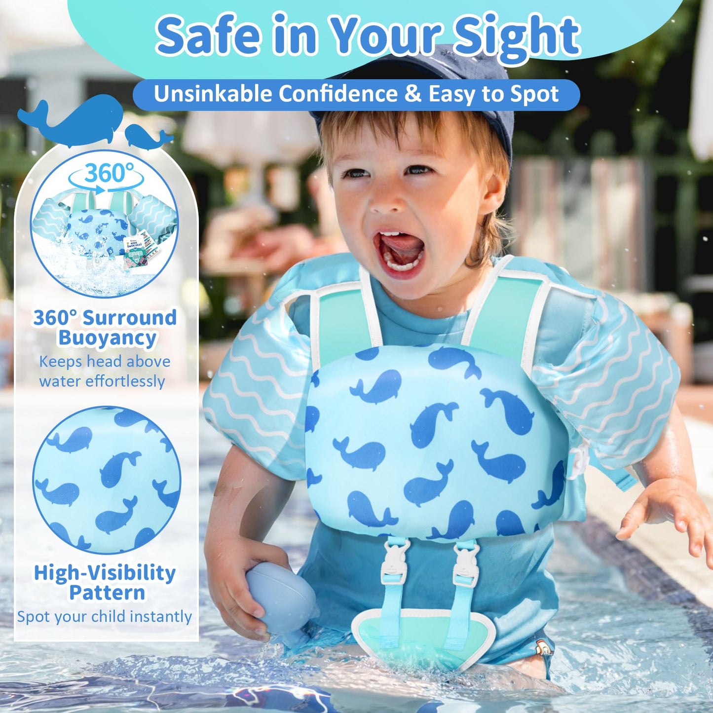 Vvinca Toddler Swim Vest for Kids 13-30 lbs, Toddlers Pool Floaties Jacket for Boys Girls Puddle Kid Jumper Adjustable Crotch Sleeves Shoulder for Ages 1-3 Baby Infant Learn to Swimming, Whale Waves