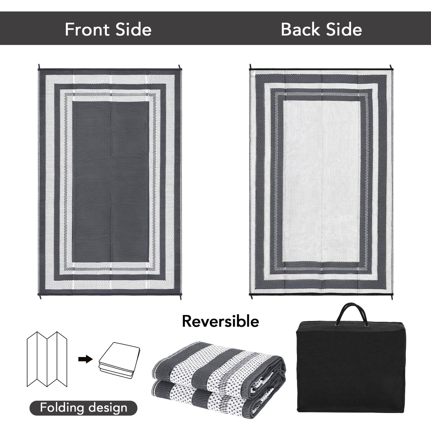 GarveeHome Outdoor Rug 9x18 ft Waterproof Mat Reversible Outdoor Plastic Straw Rug Patio Rug Camping Rug Portable Outdoor Mat for RV Porch Balcony Backyard Picnic Beach Grey/White Panel