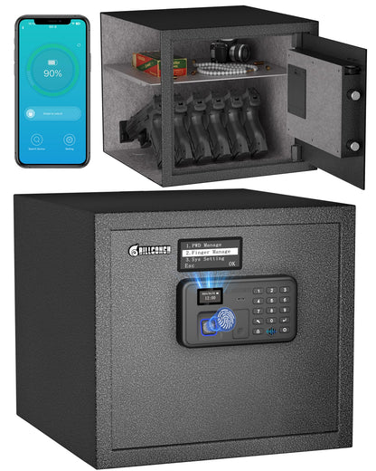 Billconch Smart Gun Safe for Multiple Pistols - Biometric Automatic Lock Safe Box with LCD Display/Voice Guide/Foldable Gun Racks, Quick Access Unlock with Fingerprint/Keypad/Key/App