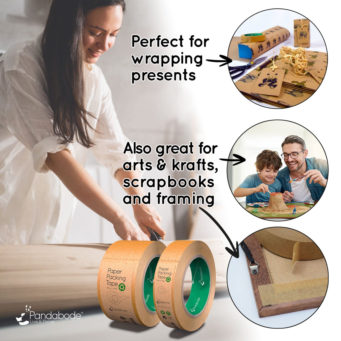 Pandabode Kraft Paper Packing Tape 48mm x 50m | Brown Paper Tape for Strong Parcel Packaging | 1/3/6/12 Pack | Recyclable & Eco Friendly (3)