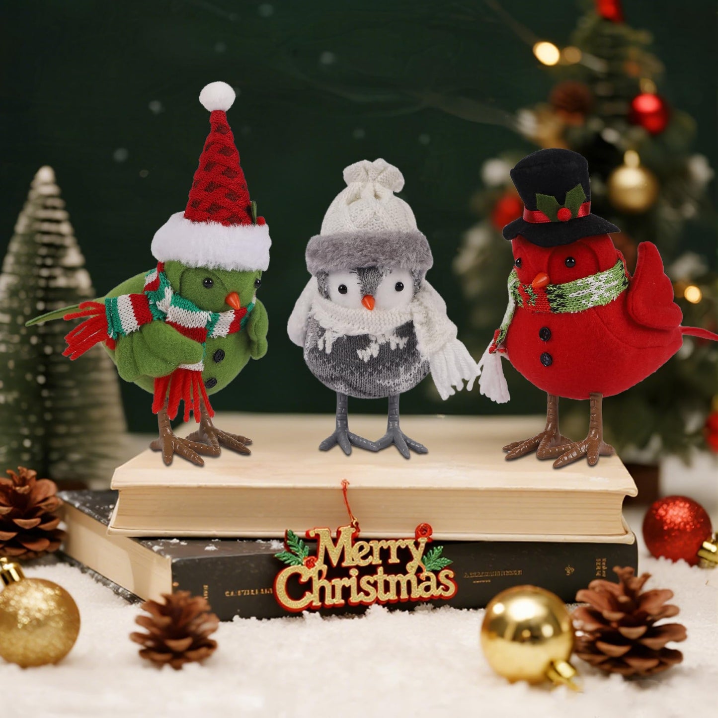 Prsildan Christmas Table Decorations Birds, Set of 3 Christmas Bird Figurine Table Top Decor, Green Red Gray Xmas Birds Ornaments for Winter Home Kitchen Fireplace Mantel Holiday Party