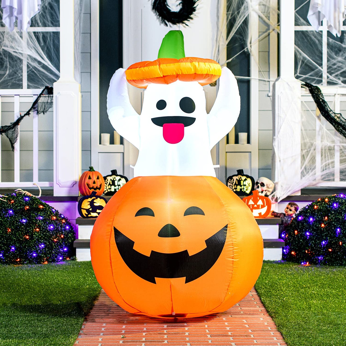 Joiedomi 5 FT Halloween Inflatable Ghost Outdoor Decorations, Blow Up Yard Decorations in Pumpkin, Blow Up Ghost Inflatable with LEDs for Cute Halloween Decor