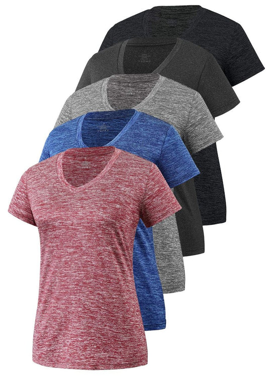 Cosy Pyro Women's Short Sleeve V-Neck Athletic T-Shirt Exercise Yoga Tees Dry Fit Gym Shirts Moisture Wicking Workout Tops Pack of 5 Black1/Black/Gray/Navy/Wine M