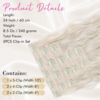 Hair Extensions, REECHO Blonde Clip in Hair Extensions 24" Thick Long Loose Waves hair extensions HE002 Invisible Lace Weft Natural Soft Hairpieces for Women ¨C Platinum Blonde