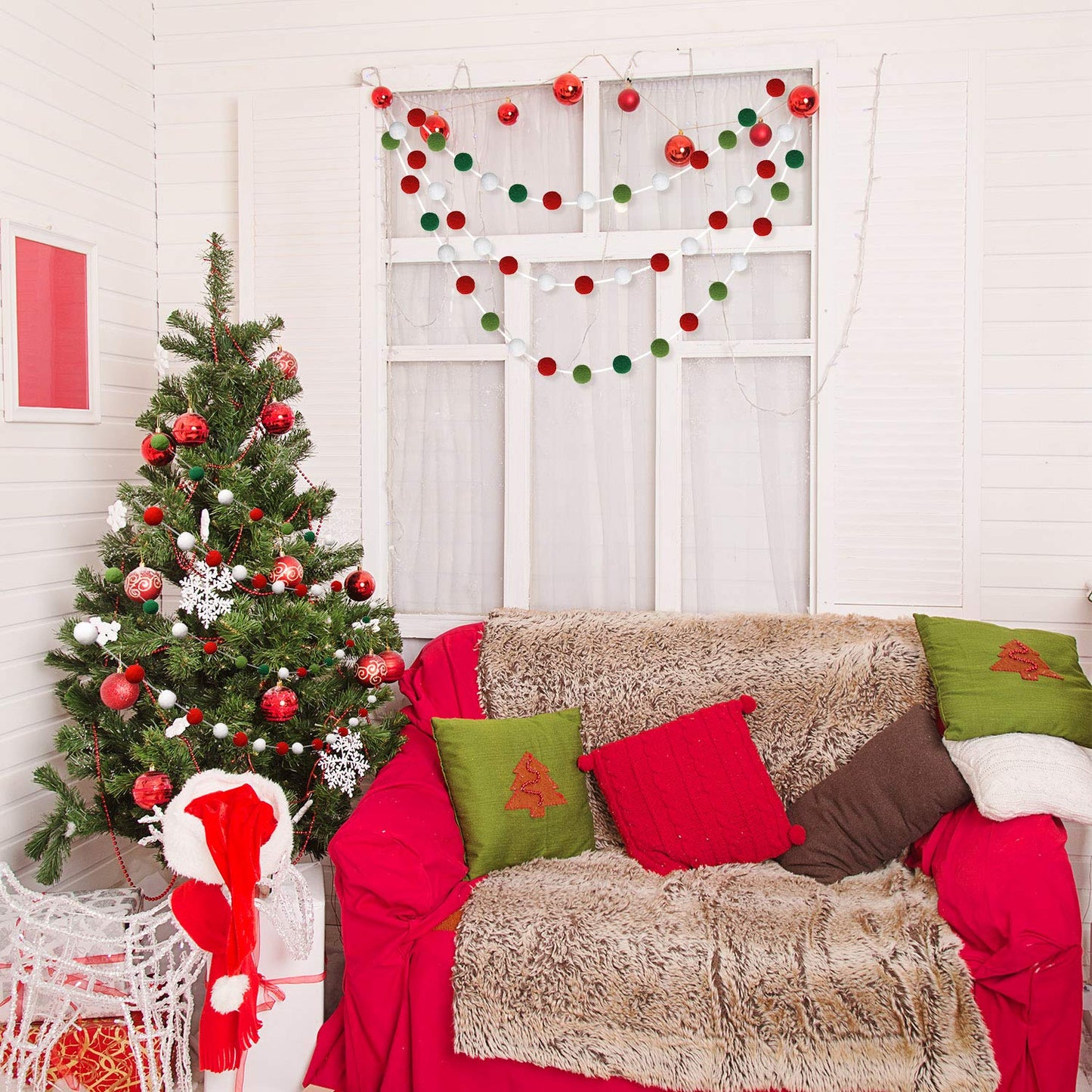 Boao 3 Pack Christmas Felt Ball Pom Pom Garland Holly and Berries Christmas Tree Decorations Red Green White Pompom Hanging Ornament String Banner Xmas Holiday Birthday Party Supplies Decor