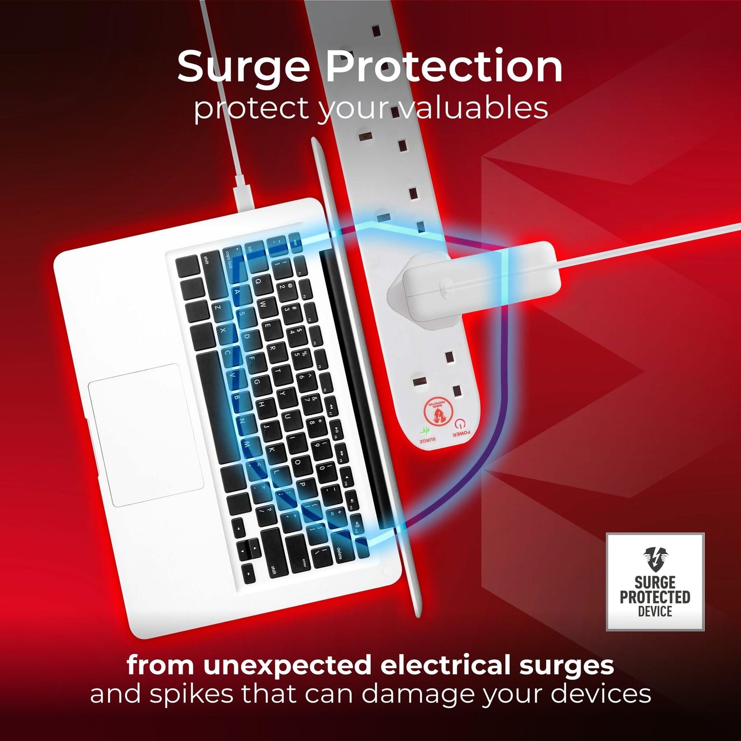 Masterplug Six Socket Extension Lead with Surge Protection, Power and Surge LED Indicators, Unswitched, 2 Metre Cable, 6-Way Plug Extension Cable, Power Strip, White, 13A, 6G, 2m, SRG6210N