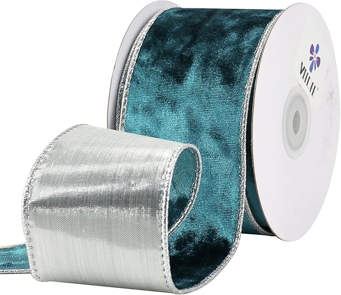 MEEDEE Crushed Teal Velvet Ribbon with Silver Back Double Sided 2.5 inch 10 Yards Blue and Gray Wired Ribbon for Christmas Tree, Wreath Supplies, Crafts Bow, Garlands, Seasonal Decorations