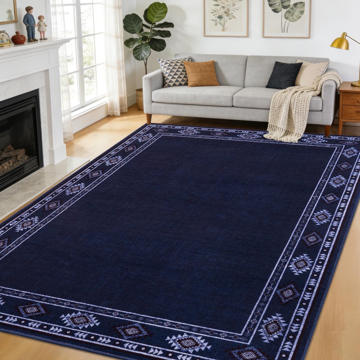 QDUIDU Large Area Rug for Bedroom Living Room, 4x6 Feet Ultra Soft Navy Blue Rugs Washable Modern Geometric Bordered Non Slip Low Pile Carpets Home Decor