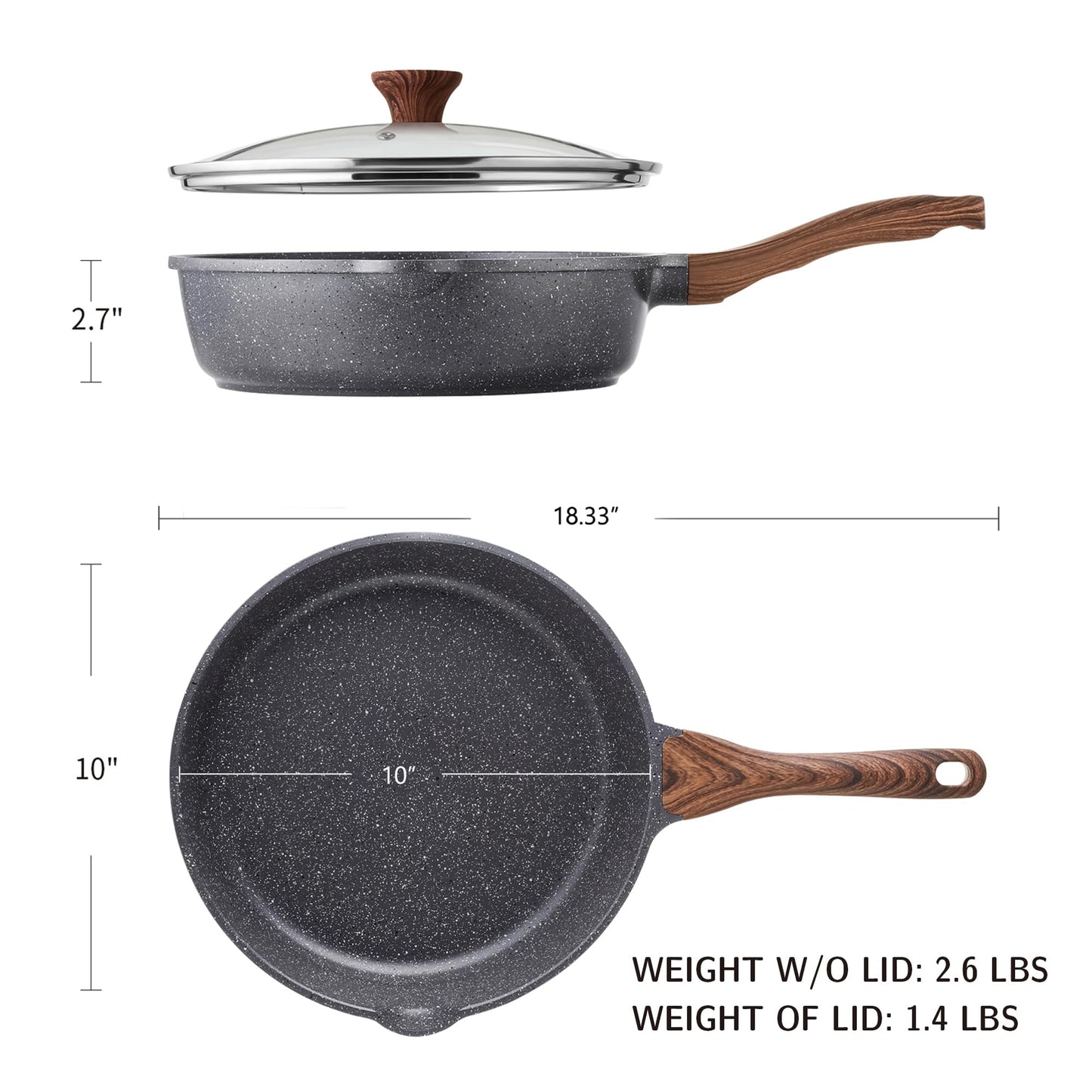 SENSARTE Nonstick Skillet, Deep Frying Pan 10/11/12-inch, Saute Pan with Lid, Stay-cool Handle, Healthy Stone Cookware Cooking Pan, Induction Compatible (10-Inch/3.5QT)