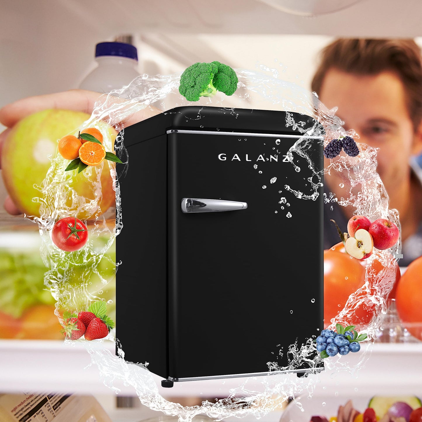 Galanz GLR25MBKR10 Retro Compact Refrigerator, Mini Fridge with Single Doors, Adjustable Mechanical Thermostat with Chiller, Black, 2.5 cu ft