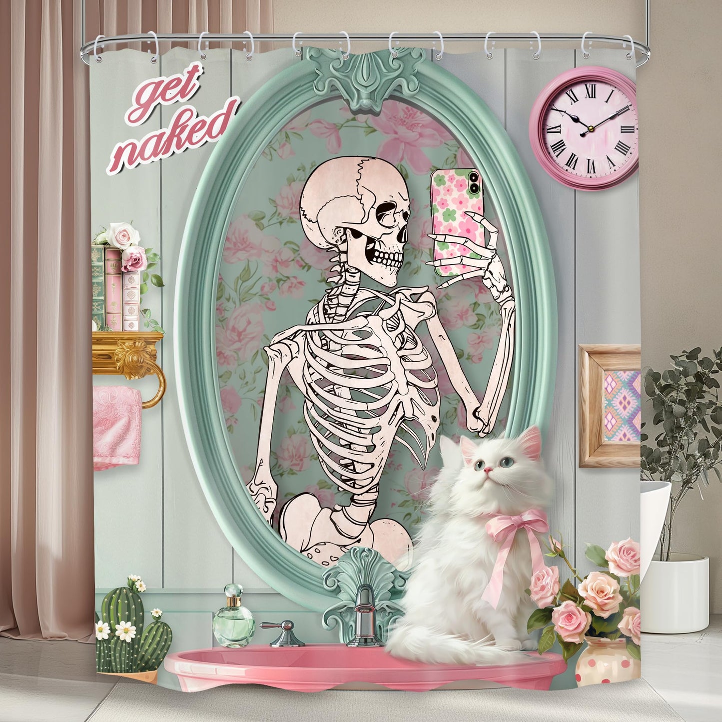 Mitpok Funny Skull Skeleton Shower Curtain 60Wx72H Cute Cat Retro Kitten Animal Gothic Fun Floral Fashion Bathroom Decor Halloween Unique Cool Horror Scary Bath Curtain Fabric Polyester 12 Pack Hooks