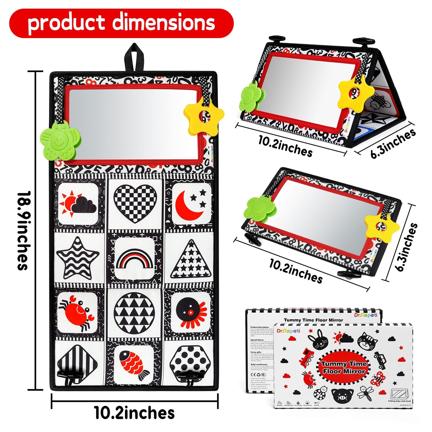 Dr.Rapeti Tummy Time Floor Mirror for Baby Infant Toddler Kids Black and White High Contrast Baby Toy with Teethers Floor Activity Toy Washable Non-Toxic