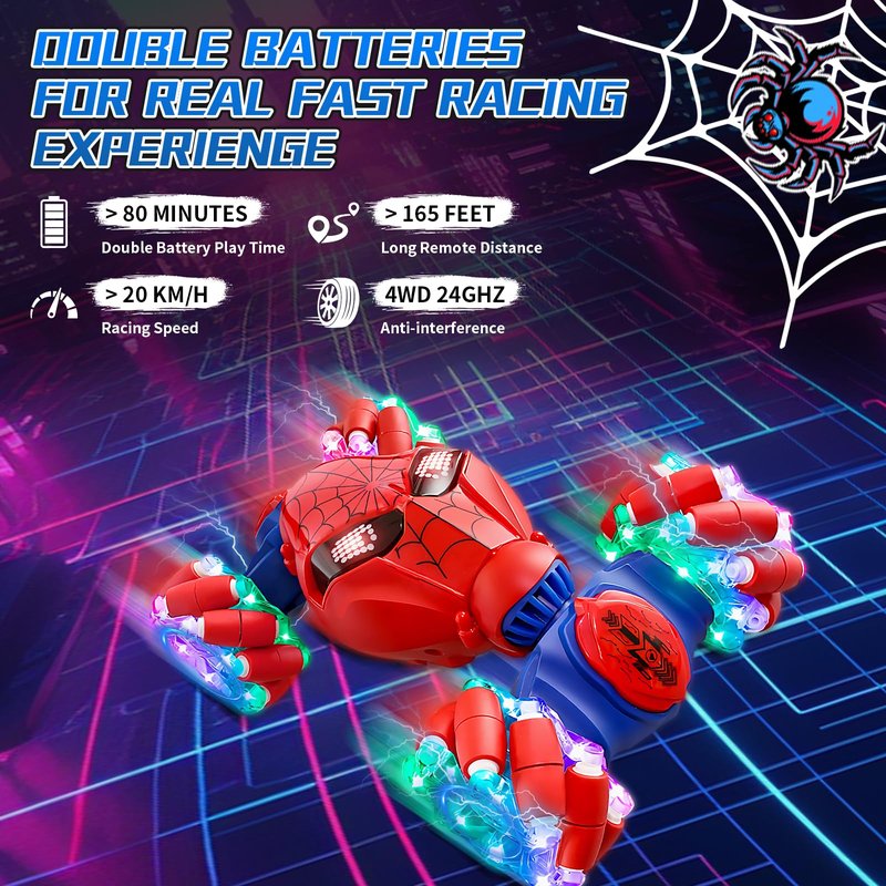 S-pider Rc Gesture Sensing Stunt Car Toys for Boys 3-14 Years Old, Drift Hand Control Remote Control Cars with Light & Music, 360°Rotation Double Side Cars Birthday Gifts for Kid Age 4 5 6 7 8 9 10 11