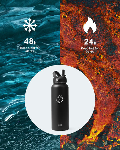 BUZIO 1180ml Insulated Water Bottle with Straw Lid and Flex Cap, 40oz Stainless Steel Drinking Bottle (Keep Cold 48 Hrs/Hot 24 Hrs) Metal Flask Leakproof Wide Mouth Thermo Canteen for Sports, Black