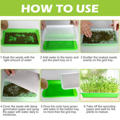 EBaokuup 10Pcs Seed Sprouter Tray with Drain Holes - BPA Free Seed Garden Plant Germination Propagation Trays, Soil-Free Wheatgrass Tray Sprouter Microgreens Growing Kit with Germinating Paper