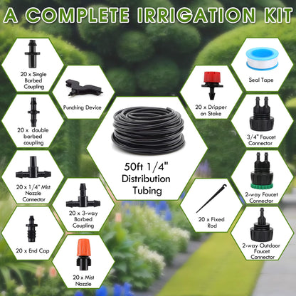 Flantor Drip Irrigation Kit, Drip Irrigation System for Garden with 1/4" Irrigation Tubing DIY Saving Water Automatic Watering System for Garden, Greenhouse, Flower Bed, Patio, Lawn