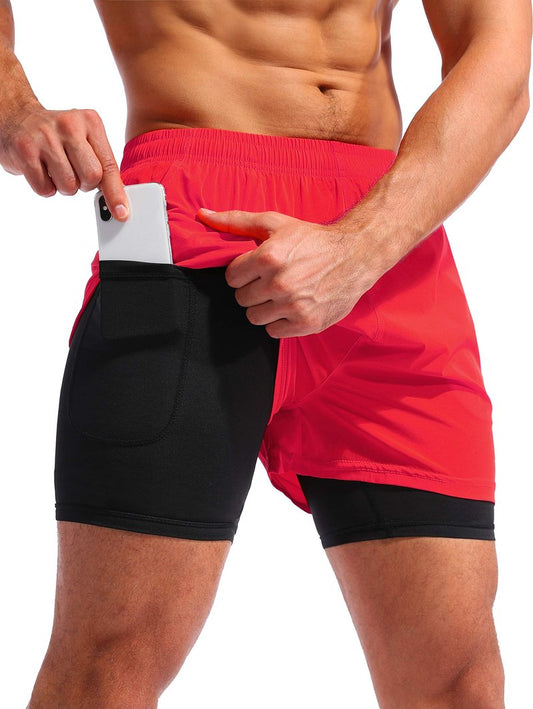 Pudolla Men’s 2 in 1 Running Shorts 5" Quick Dry Gym Athletic Workout Shorts for Men with Phone Pockets(Dark Red Medium)
