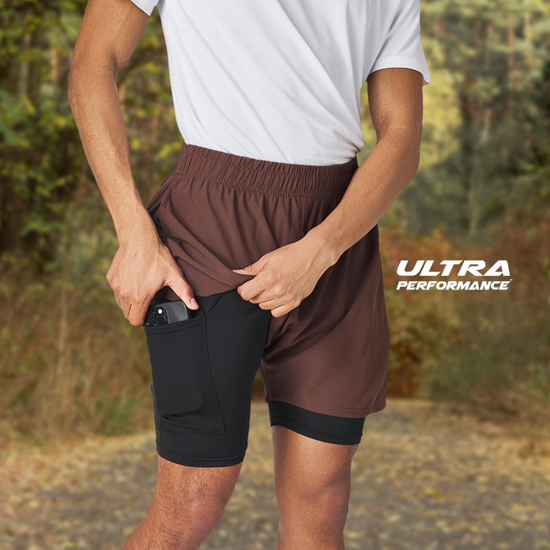 Ultra Performance Men's Athletic 2 in 1 Compression Shorts 2 Pack Mens Gym Workout Running Short’s for Men, 5 Inch Inseam Espresso/Khaki