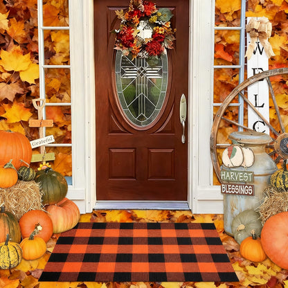 PIXFAIRY Cotton Orange and Black Plaid Rug - 27.5 x 43 Inches, Hand-Woven Indoor/Outdoor Layered Cotton Blend Buffalo Plaid Rug, Washable Front Door Mat, Perfect for Porch, Living Room, Entryway