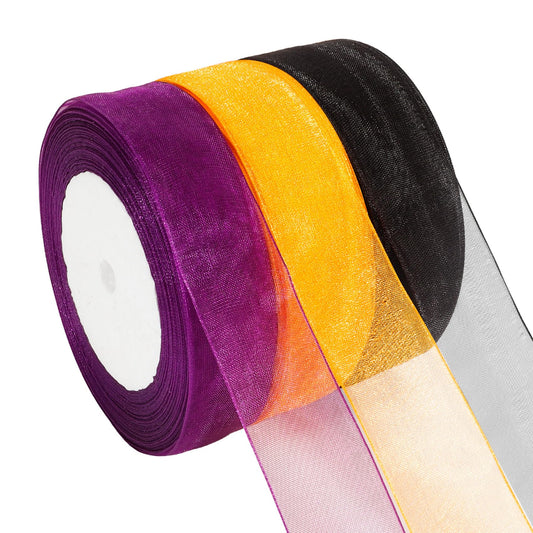 3PCS Halloween Ribbon - 1 Inch, 150 Yards Sheer Wrapping Ribbon for Gifts, Crafts, Party Favors & Flower Bouquets