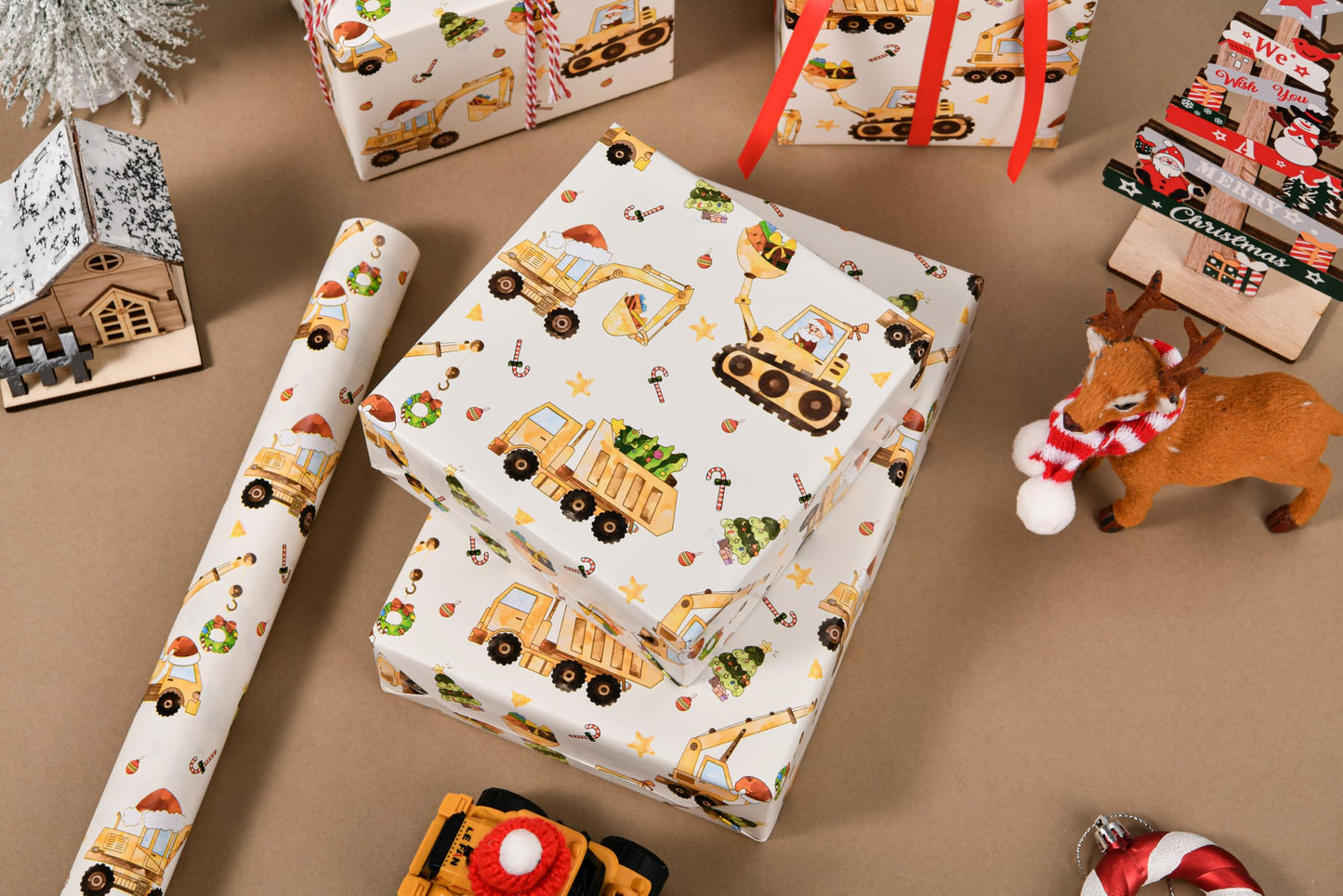 Titiweet Construction Christmas Wrapping Paper - 17" x 16.4 ft - Christmas Truck with Santa, Trees Gift Wrap for Kids Boys(Construction)