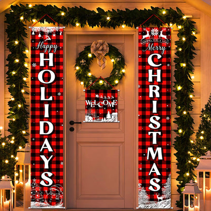 Boao 3 Pieces Christmas Plaid Porch Sign Merry Christmas Banner Happy Holidays Banner Welcome Banner Front Door Hanging Sign for Christmas Home Wall Indoor Outdoor Decoration