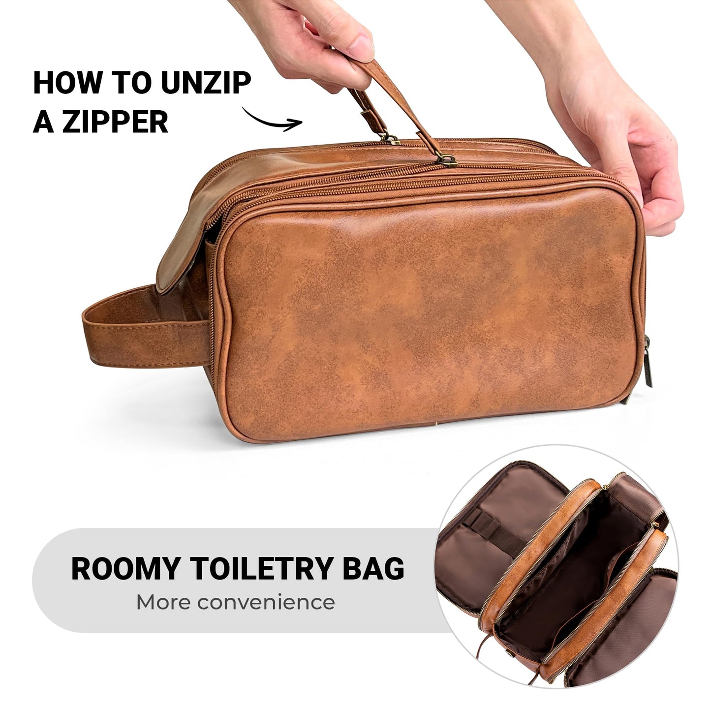 Elviros Water-Resistant PU Leather Toiletry Bag for Men Large Travel Wash Bag Shaving Dopp Kit Bathroom Gym Toiletries Makeup Organizer with Wet Dry Compartment (Brown)