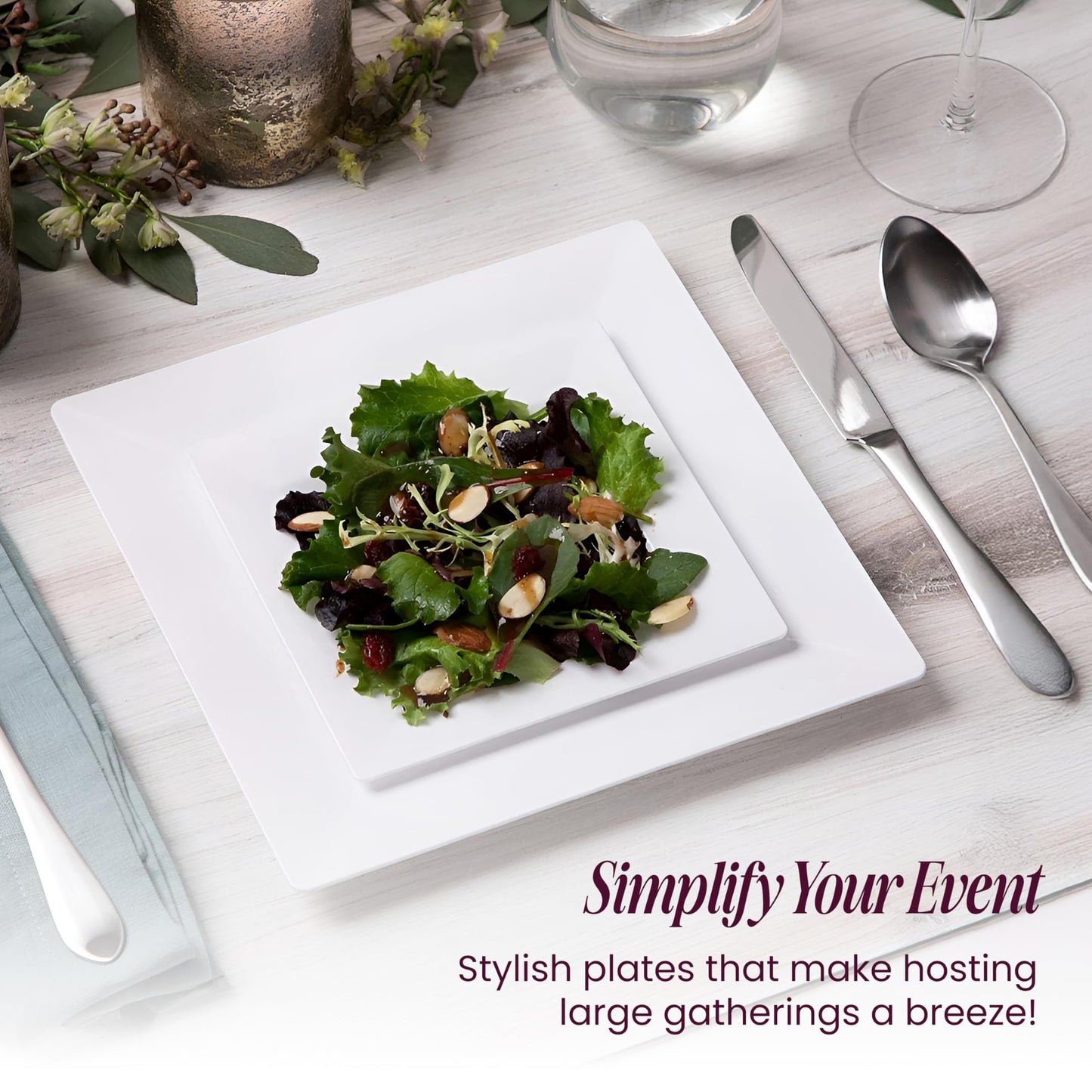 Aya's 60ct White Square Disposable Plates - Heavy Duty Plastic Party Plates for Christmas, Thanksgiving (30 Dinner & 30 Salad)