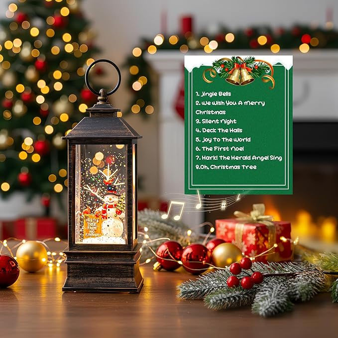 Christmas Snow Globe Water Glittering Farm Snowman with Music & Timer, USB Lined/Battery Operated Lighted Lantern for Christmas Festival Decoration Gifts