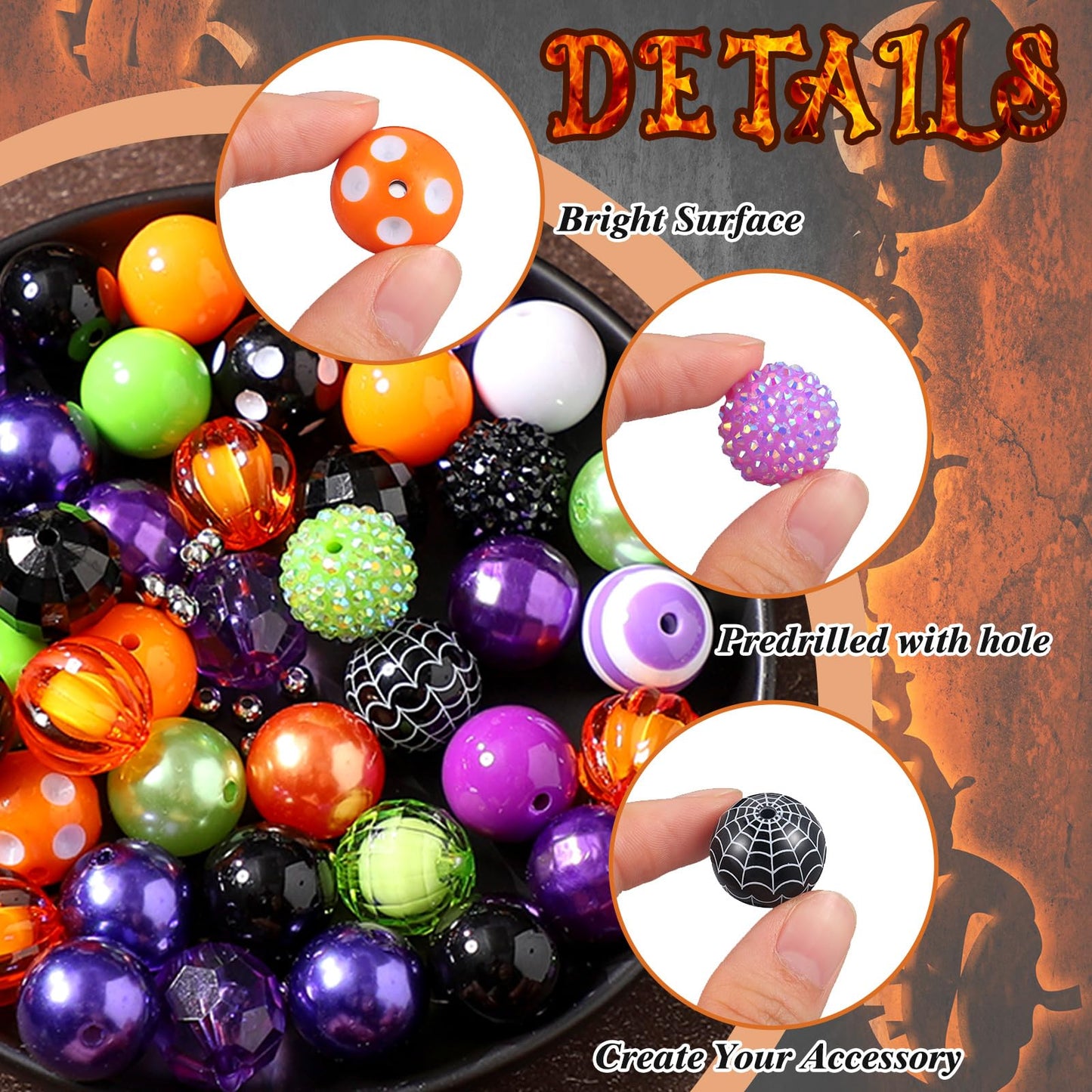 Sasylvia 100 Pcs 20 mm Halloween Rhinestone Bubblegum Bulk Shine Disco Ball Plastic Chunky Loose Round Spacer Beads for Pens Beadable Keychains DIY Project Making Supplies